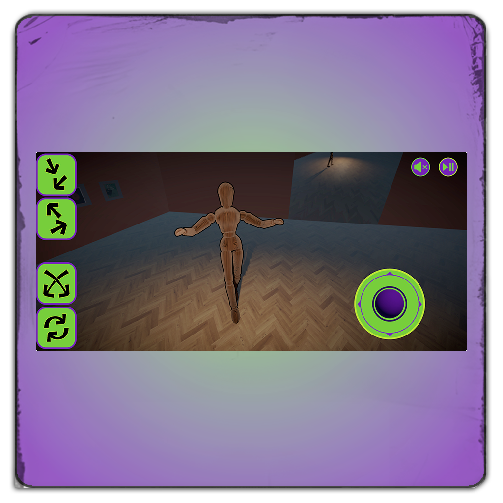CyberDance virtual dancer, a wooden mannequin, doing a lateral step to the right